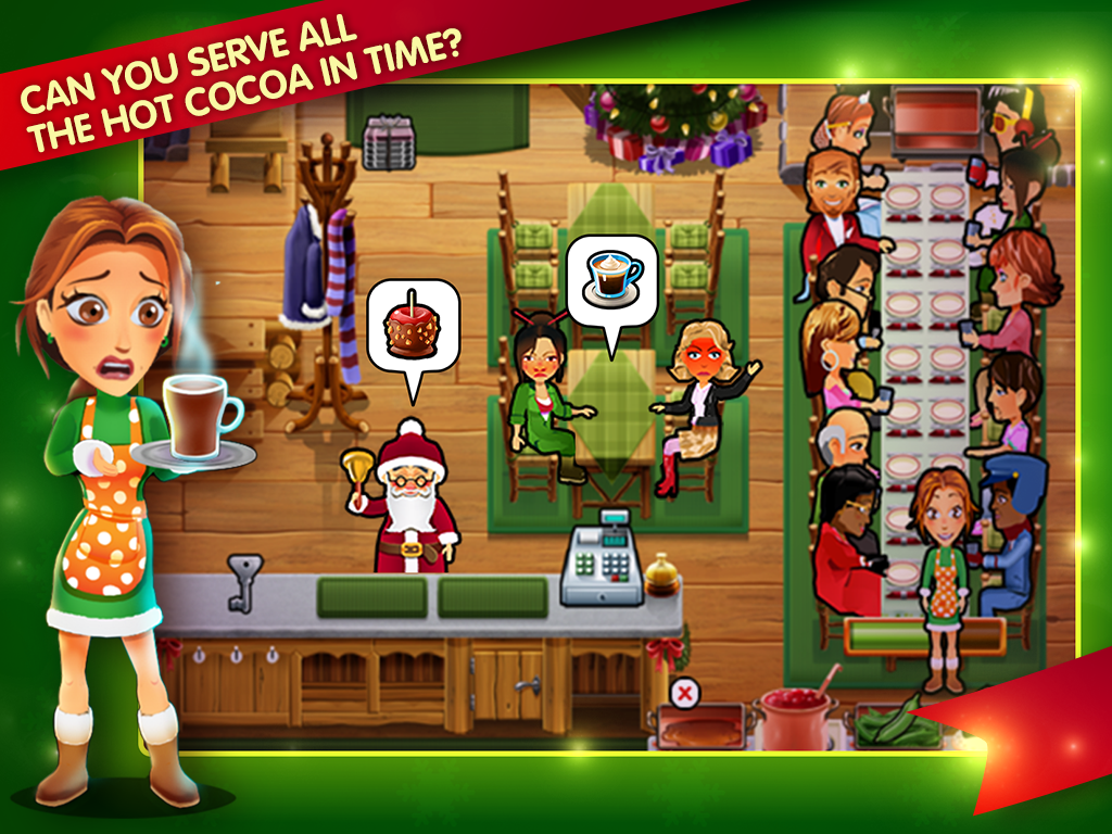 Emily serving hot cocoa and candy apples to customers including Santa Claus in a festive holiday restaurant setting