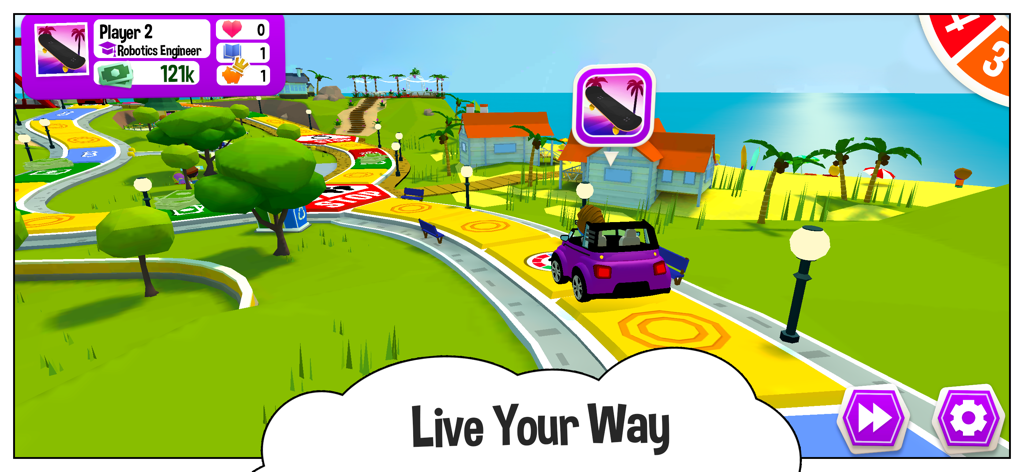 Um carro roxo dirigindo em um caminho colorido de tabuleiro 3D em The Game of Life 2.