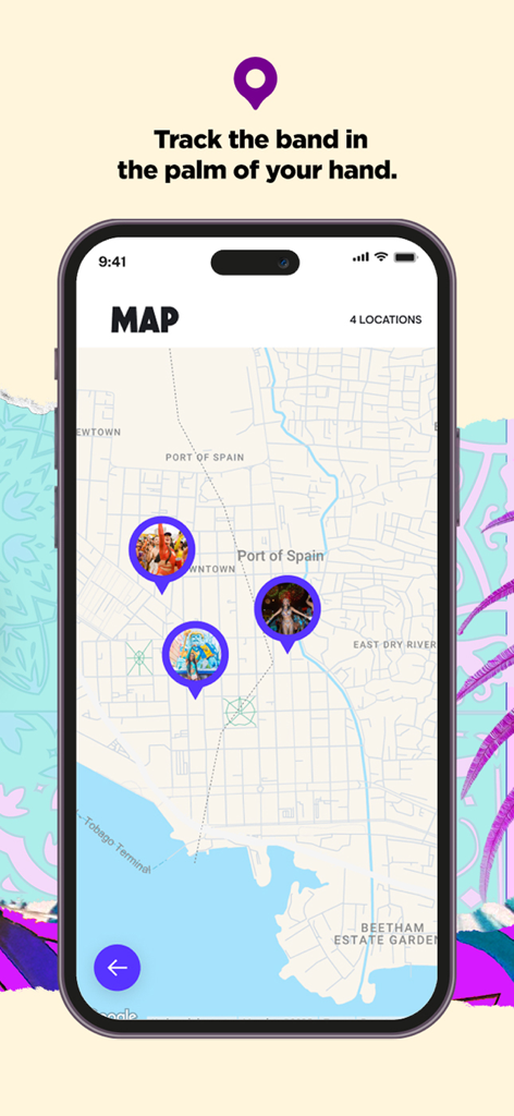 Spirit Mas - Map view in the Spirit Mas app showing real time locations of carnival bands on a city map of Port of Spain