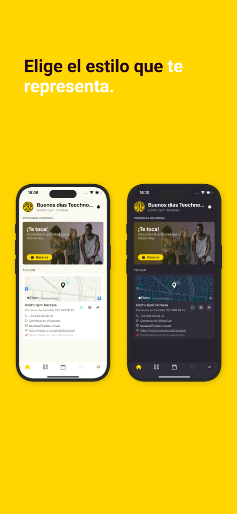 Gold's Gym España mobile app interface comparison between light and dark modes