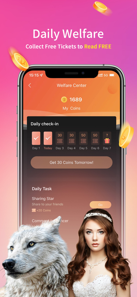 Storydo - Fiction, Story - Storydo app Welfare Center interface showing daily check-in rewards for free reading tickets