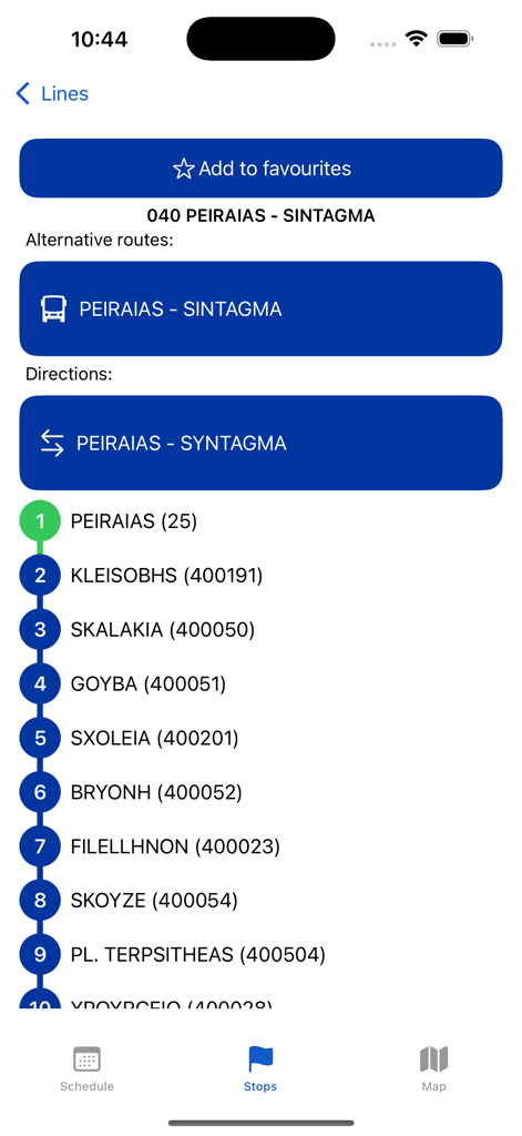 OASA app displaying the list of stops for the bus route 040 from Peiraias to Sintagma in Athens