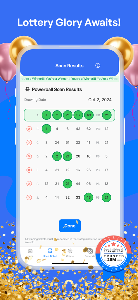 Scan Lottery Ticket Now - Résultats de scan gagnants du Powerball affichés sur l'application mobile Scan Lottery Ticket Now