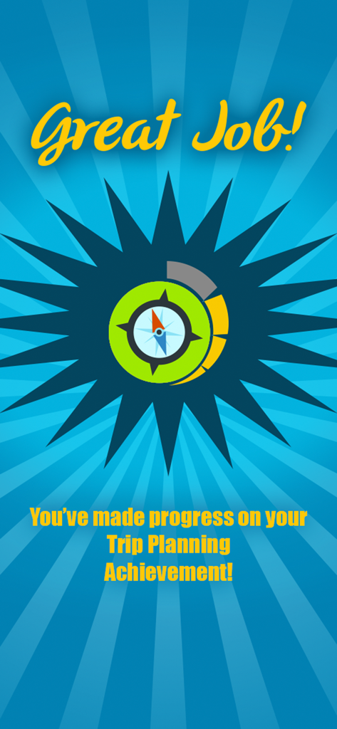 ilearntoboat - Screenshot of the ilearntoboat app displaying a Great Job message and progress on the Trip Planning Achievement with a compass icon.