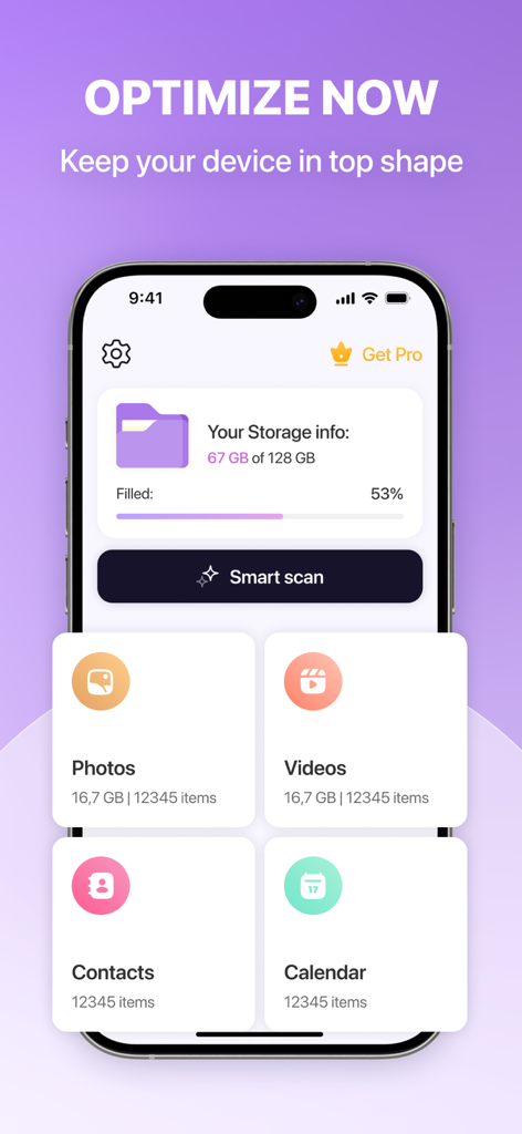 CleanMate App-Dashboard, das den iPhone-Speicherstatus und die Smart-Scan-Option anzeigt