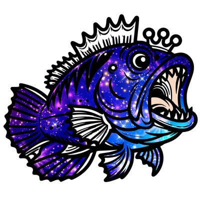 fish with open mouth and piercing teeth, crest on head, two legs and two arms