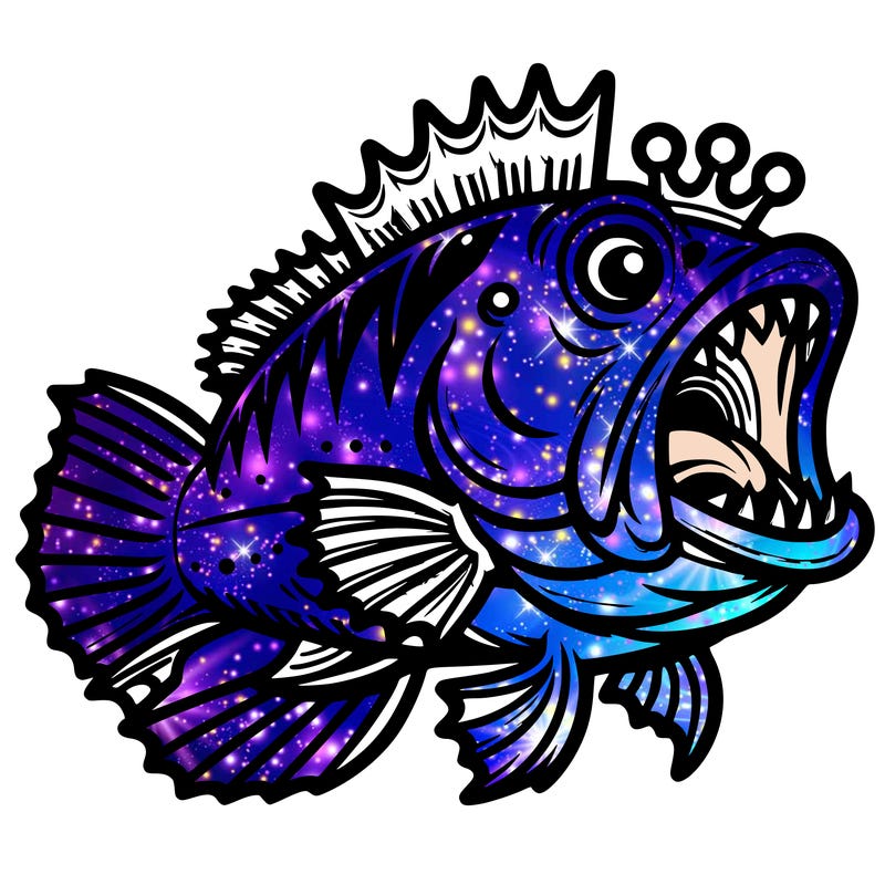 fish with open mouth and piercing teeth, crest on head, two legs and two arms