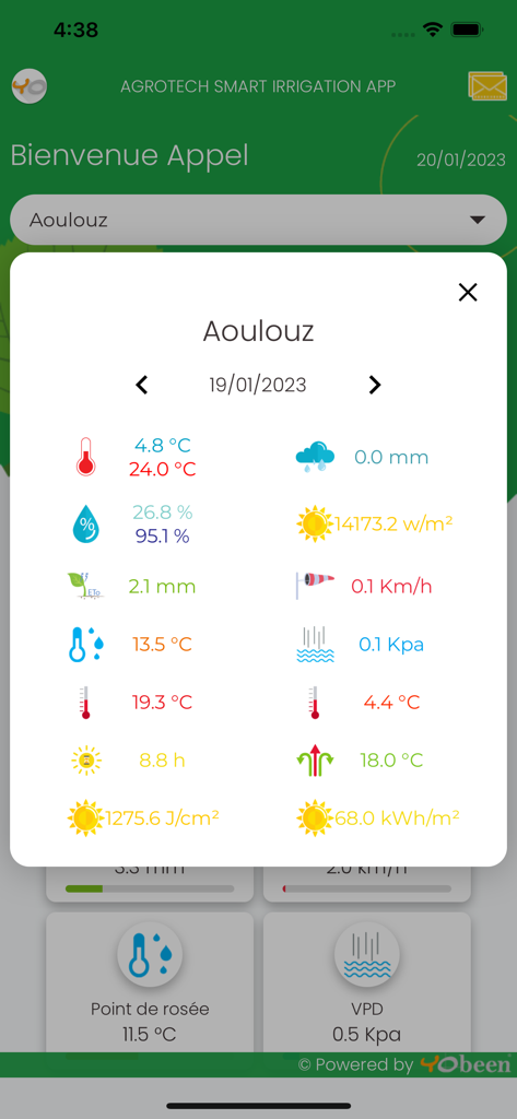 Yobeen Agrotech - Interfaz de la aplicación Yobeen Agrotech que muestra datos meteorológicos y de riego detallados para agricultura