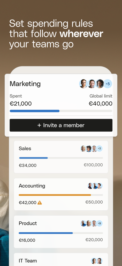 Mobile app screen showing budget limits and spending progress bars for different business teams like Marketing and Sales.