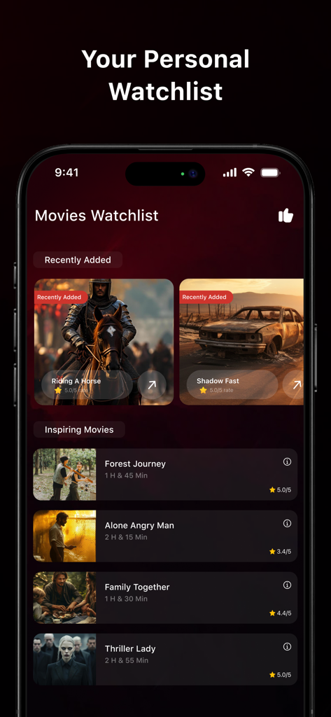 NetMirror APP - Watch Movies - NetMirror app interface showing a personalized movies watchlist with recently added and inspiring film categories on an iPhone.