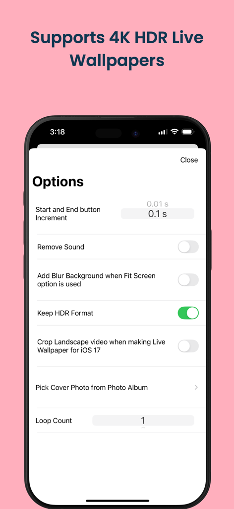Interface of VideoToLive app displaying customization options for 4K HDR live wallpapers