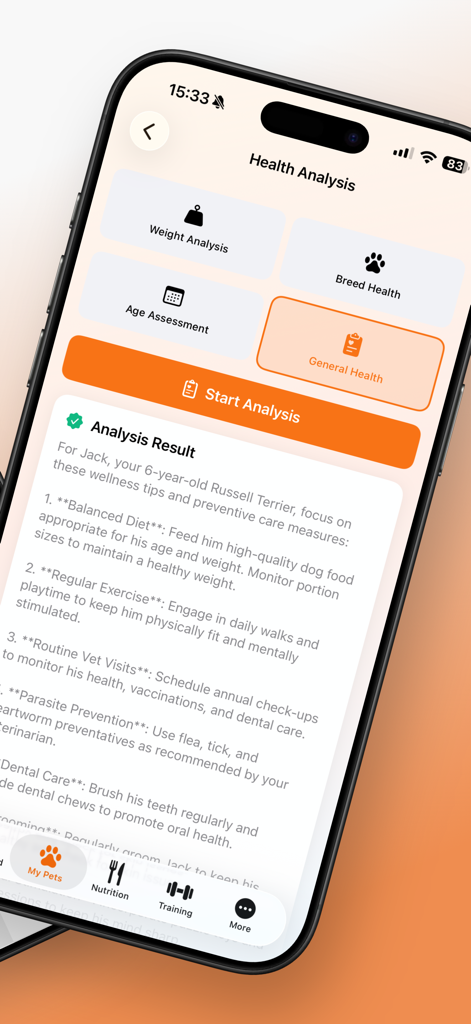 Pet Manager: AI Pet Care - Pet Manager app interface displaying personalized health analysis and care recommendations for a dog.