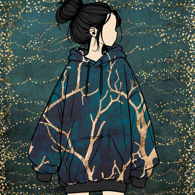 realistic girl with a oversized sweatshirt on and a bun