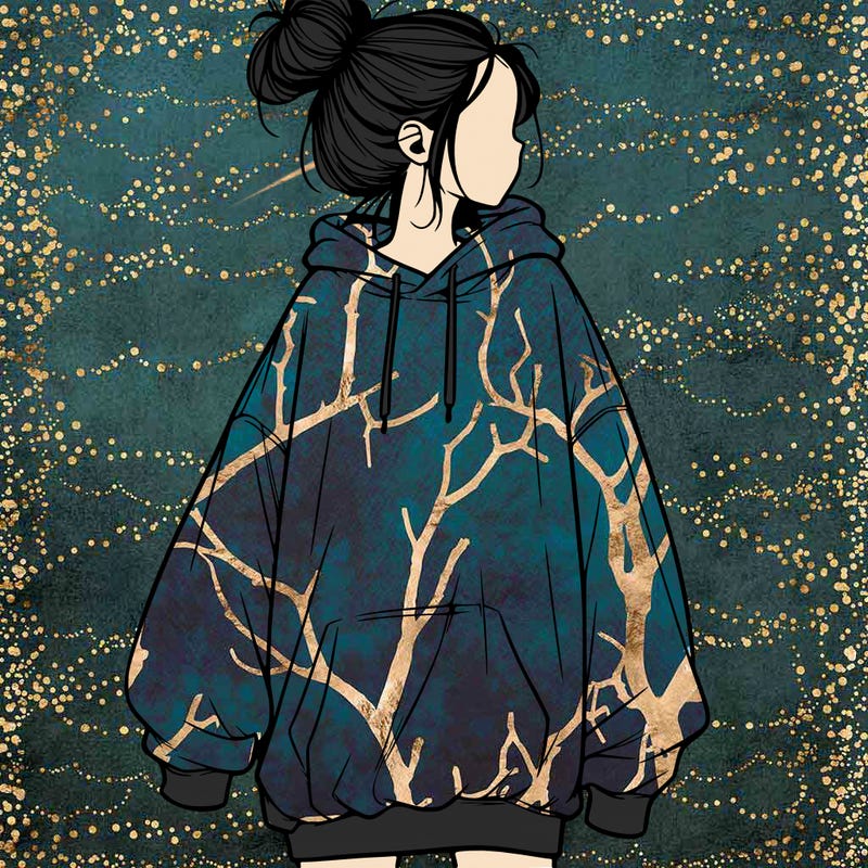 realistic girl with a oversized sweatshirt on and a bun