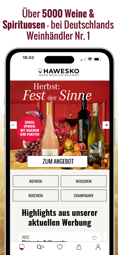 Pantalla de inicio de la aplicación móvil Hawesko con categorías de vino y un banner de promoción de otoño.