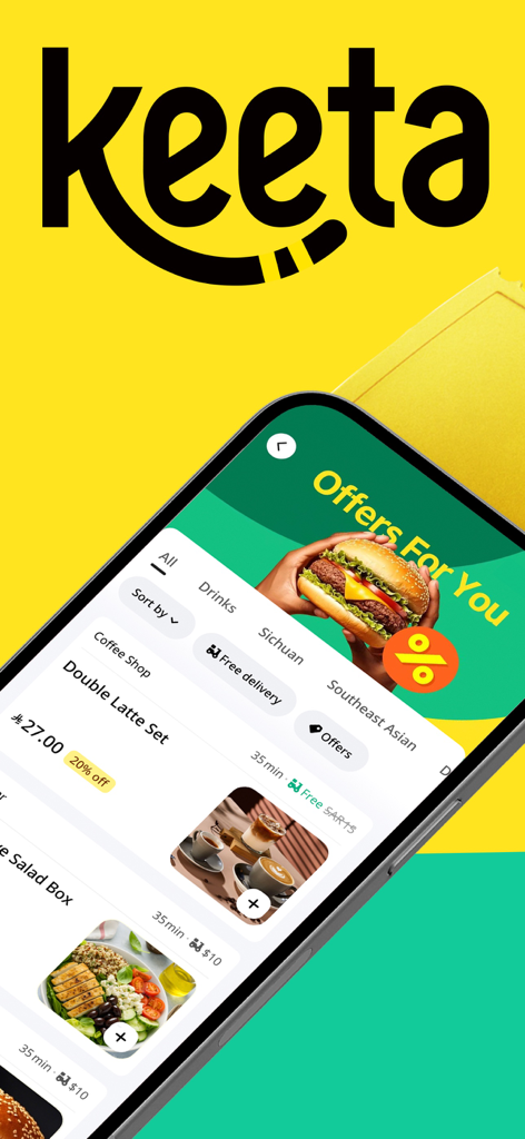 Smartphone screen displaying the Keeta app interface with food delivery deals and restaurant categories.