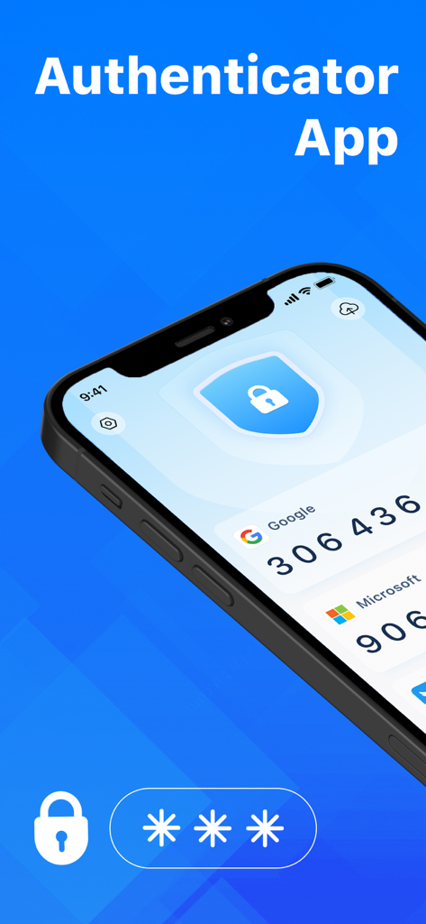 Authenticator App Authkey インターフェースが、青い背景のiPhoneで2FAコードを表示しています