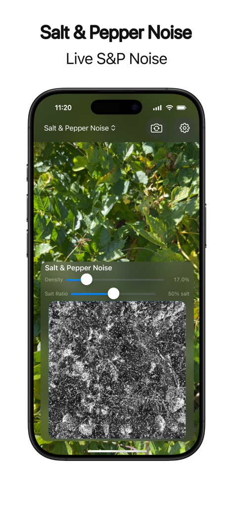 Image Toolkit Pro - A mobile interface demonstrating real-time salt and pepper noise simulation on a live camera feed with adjustable density and salt ratio sliders.