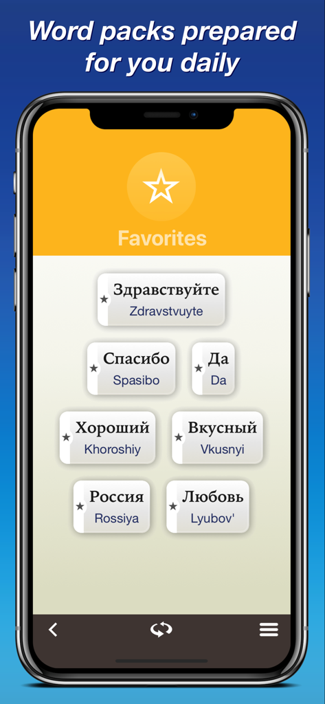 Russian by Nemo - Smartphone screenshot of the Russian by Nemo app displaying a list of favorite common Russian words and phrases with their phonetic pronunciations.