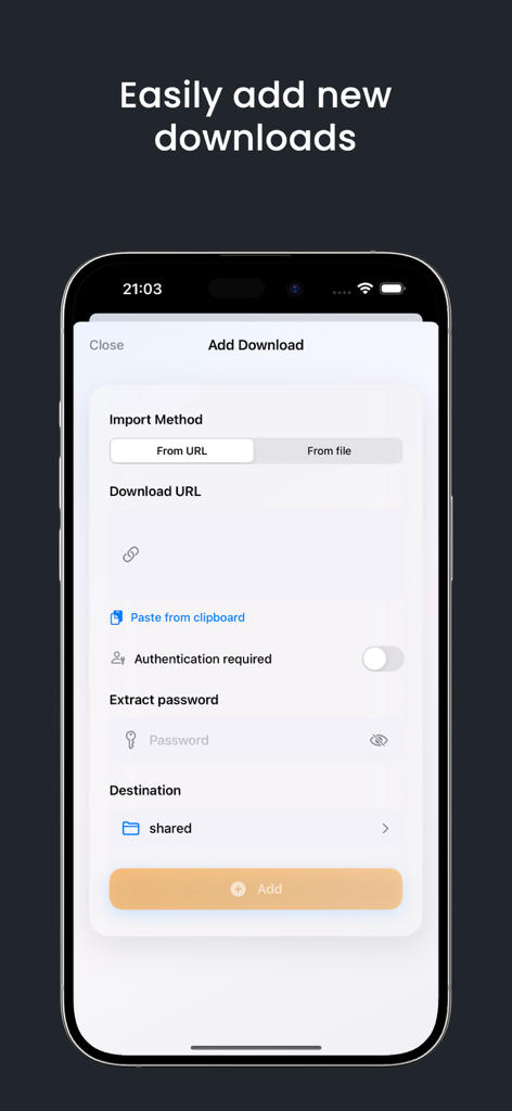 Downology - Una pantalla de aplicación móvil que muestra la interfaz de Agregar Descarga con opciones para importar desde URL o archivo para un servidor Synology NAS