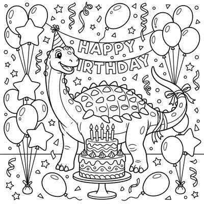 Get ready for a prehistoric party! This charming coloring page features a happy Saltasaurus celebrating its birthday surrounded by festive decorations and a delicious cake.