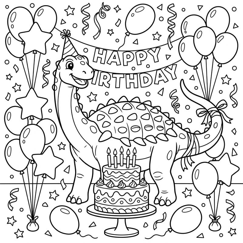 Get ready for a prehistoric party! This charming coloring page features a happy Saltasaurus celebrating its birthday surrounded by festive decorations and a delicious cake.