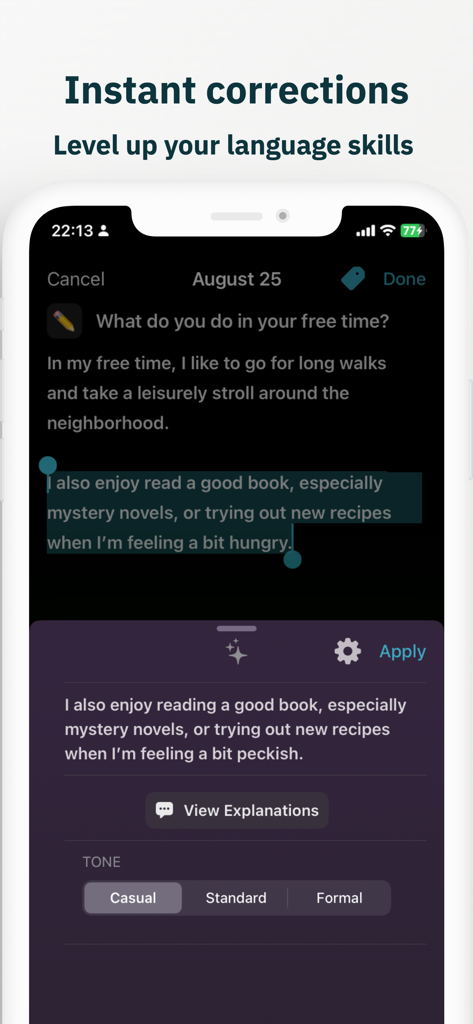 DRAWER – AI Language Journal - DRAWERアプリのスクリーンショット。カジュアル、標準、フォーマルなトーンオプションとともに、ジャーナルエントリに対するAIの即時添削が表示されています。