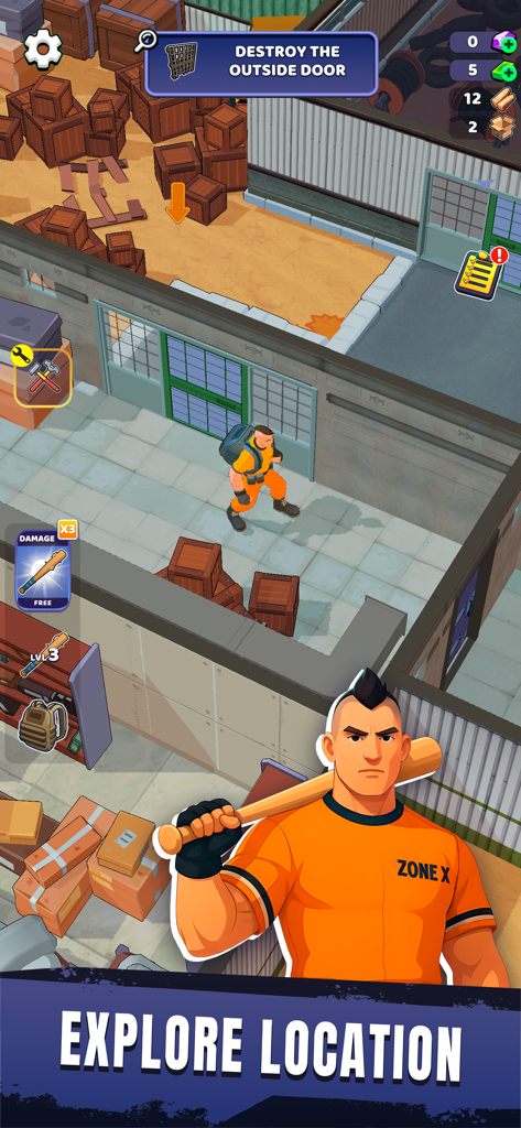 Zone X: Wasteland Survival - Personaje superviviente explorando una instalación de almacén en el juego Zone X Wasteland Survival