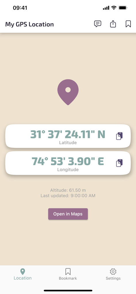 Find My GPS Coordinates - 지도 핀 아이콘과 함께 정확한 위도, 경도 및 고도를 표시하는 내 GPS 좌표 찾기 앱의 사용자 인터페이스.