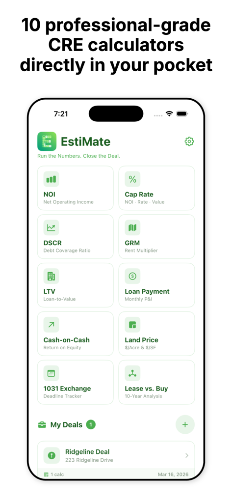EstiMate CRE - Main dashboard of the EstiMate CRE app showing a list of ten commercial real estate calculators
