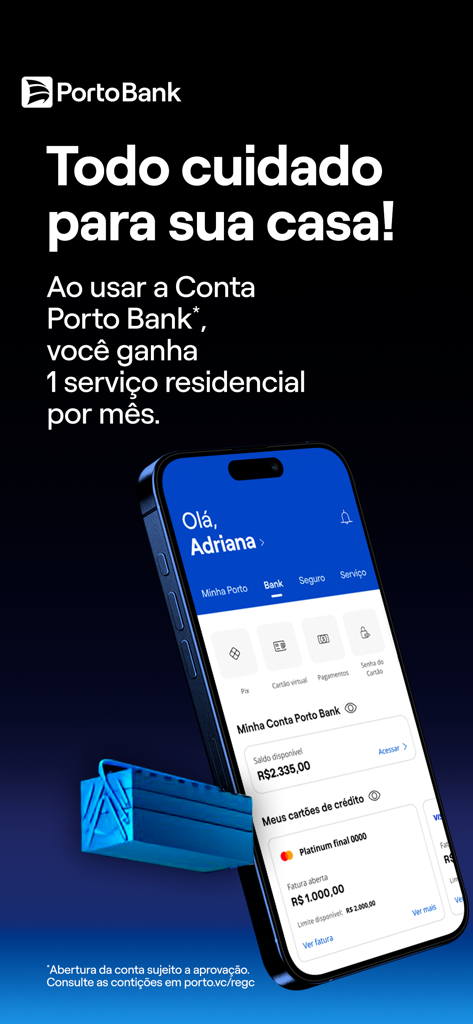 Porto Bank app interface showing digital account details and a promotion for free monthly home services.