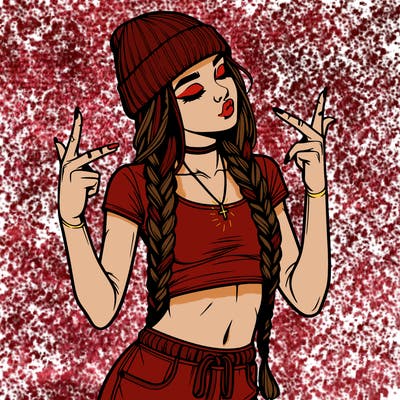 realistic teenage girl with braids and a beanie and crop top doing 🫶🏼