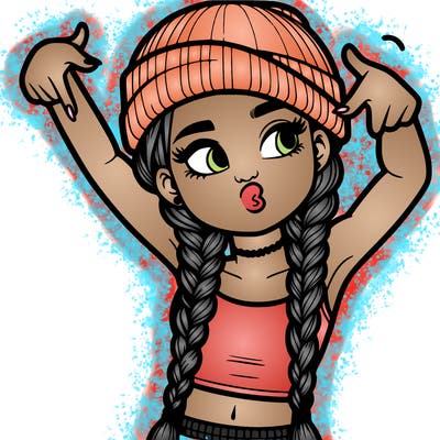 realistic teenage girl with braids and a beanie and crop top doing 🫶🏼
