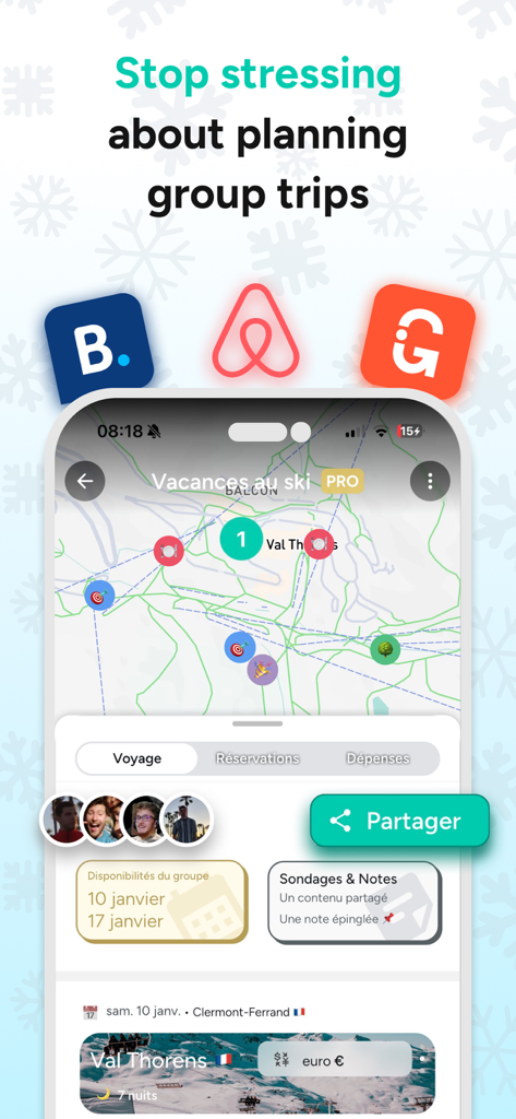 SmarTrips mobile app interface showing a group trip itinerary map with activity pins and planning tools