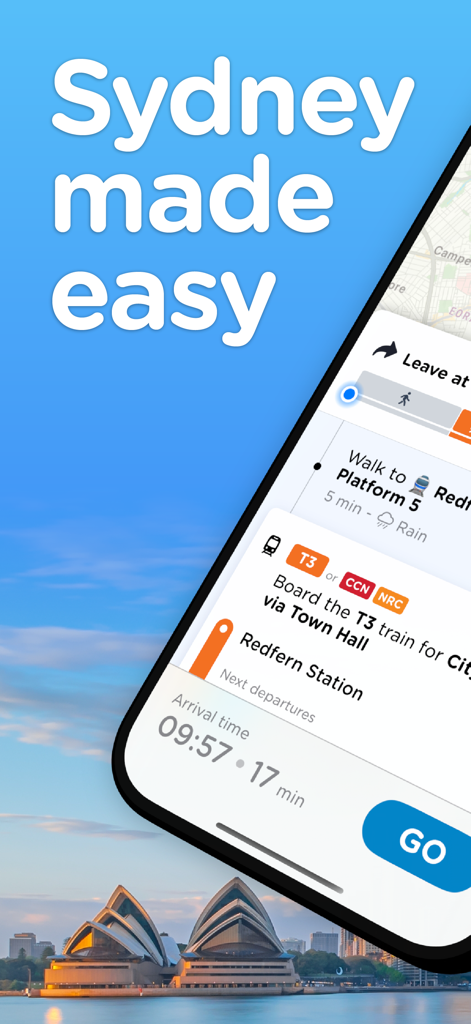 App Sydney Transport che mostra il percorso di un viaggio in treno con l'Opera House di Sydney sullo sfondo
