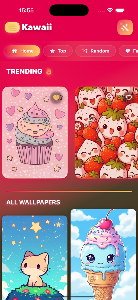 Screenshot of Kawaii Wallpapers app interface showing cute pastel backgrounds of cupcakes, strawberries, and cats.