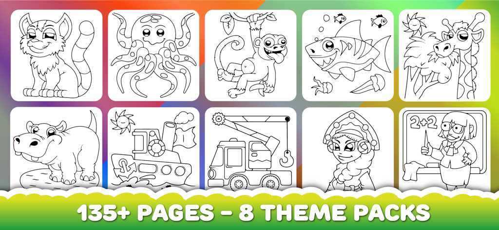 Drawing and coloring for kids - Preview of various coloring pages and theme packs for kids including animals vehicles and characters