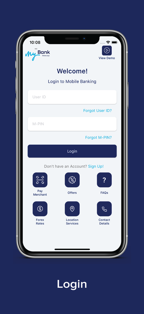 MyBank Mobile Banking - Login screen for the MyBank Mobile Banking app featuring user ID and M-PIN fields with quick links for payments and rates.
