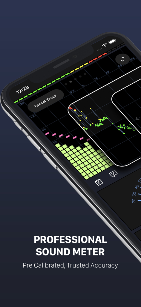 Decibel X PRO app interface showing professional sound level measurements and frequency analysis graphs on a smartphone screen.