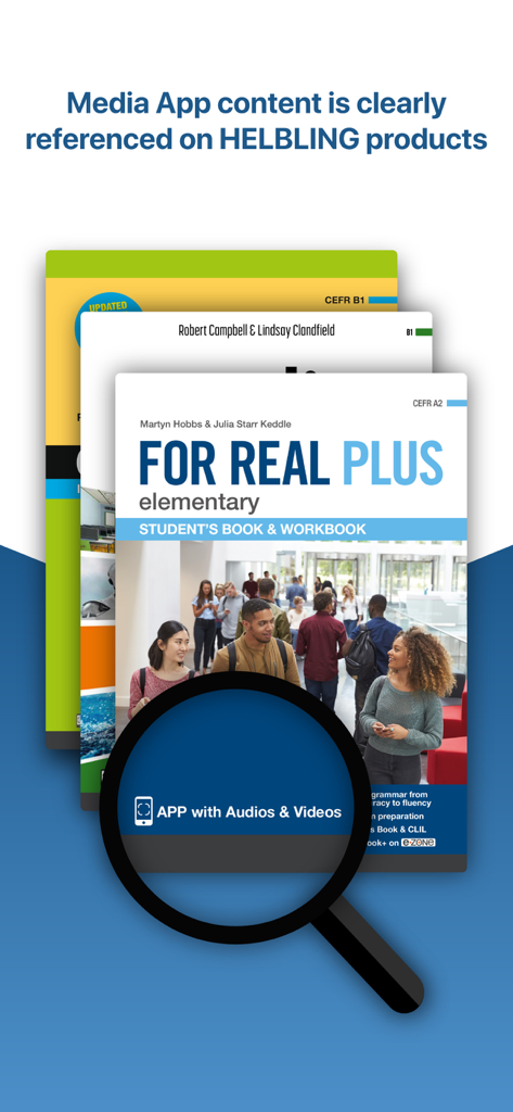Una lente d'ingrandimento che evidenzia il simbolo dell'app multimediale sui libri di testo educativi Helbling per indicare contenuti audio e video disponibili.