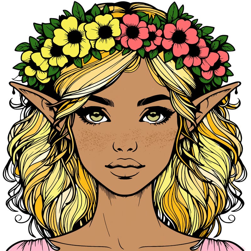 realistic female elf with flower crown