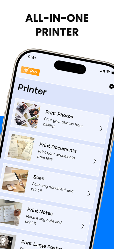 AI Smart Printer & Scanner App - Interface of the AI Smart Printer and Scanner app on an iPhone showing options to print photos documents and scan