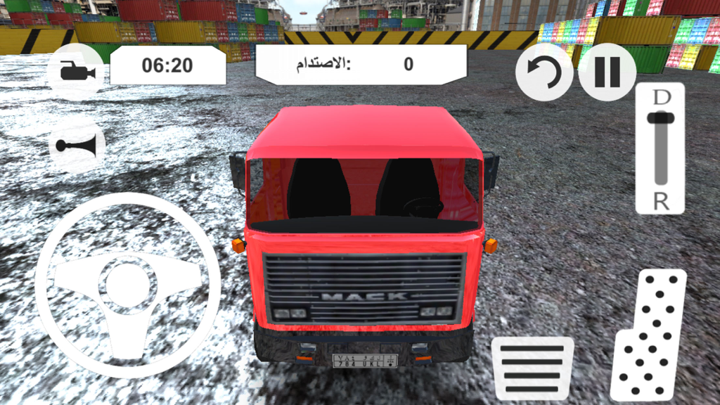 Gameplay screenshot showing a red Mack truck in a shipyard with steering wheel and pedal controls from King of the Streets