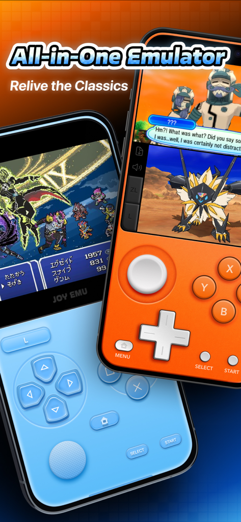 JOY Emulator mobile app displaying classic retro games with customizable console skins on iPhone