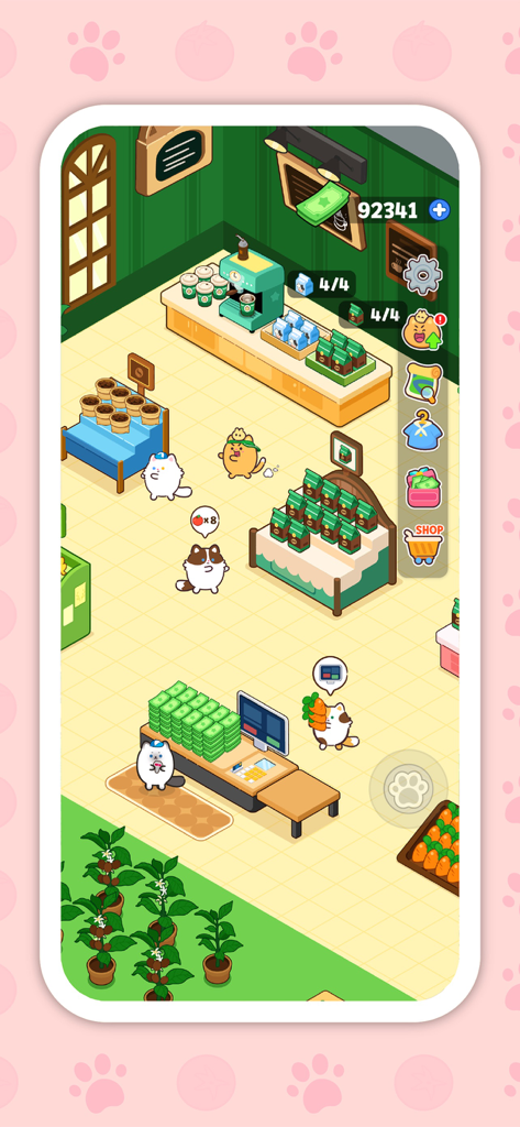 Ninimo Cat Supermarket: Tycoon - A cute isometric gameplay scene of a cat-themed supermarket with cat employees, a coffee station, and a checkout counter overflowing with cash.