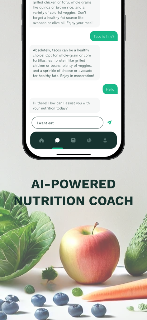 Interfaccia della chat dell'app Nutrio Ai con un coach nutrizionale AI che fornisce consigli dietetici accanto a frutta e verdura fresca
