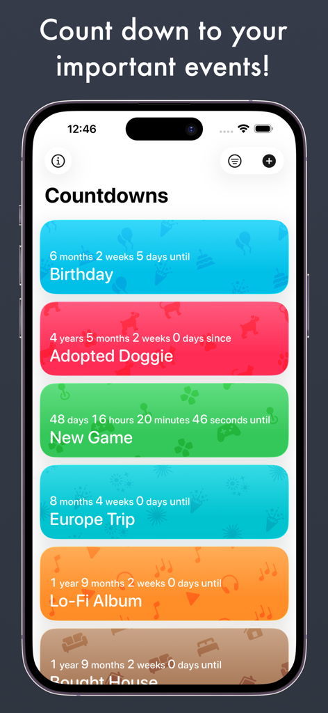 Neat Countdowns - Una lista de coloridas cuentas regresivas de eventos en la aplicación Neat Countdowns que muestran temporizadores para un cumpleaños, un viaje y otros eventos de la vida.