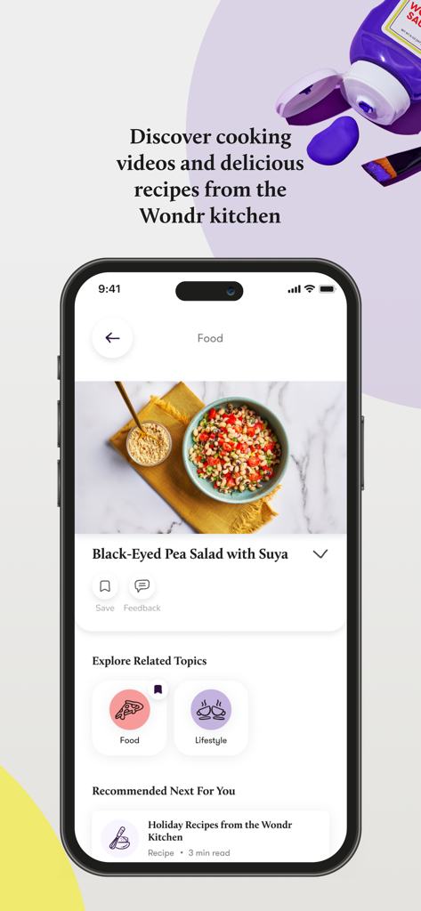 Wondr Health app screen showing healthy recipes and cooking videos from the Wondr kitchen