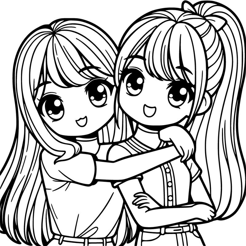 two girls arms around each other's necks one with long straight hair and one with a ponytail