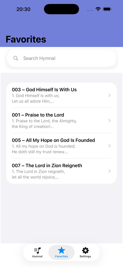Official Adventist Hymnal - Pantalla de favoritos de la aplicación Himnario Adventista Oficial mostrando una lista de himnos guardados como 'Dios con Nosotros' y 'Alabad a Dios'